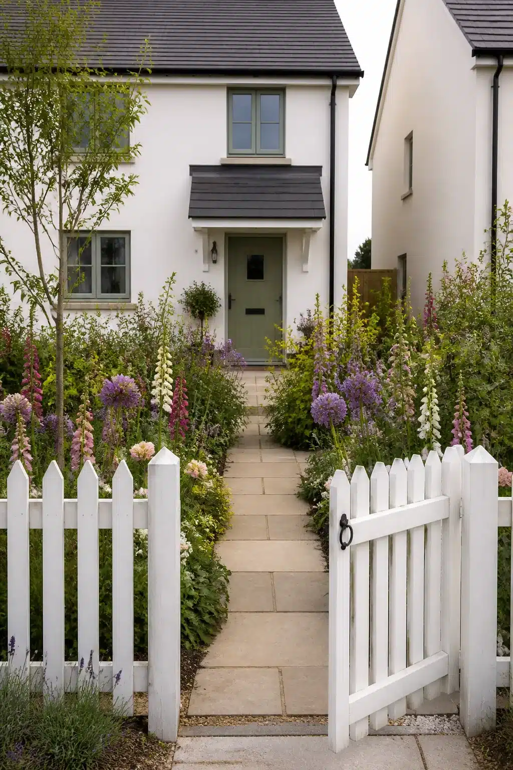 White picket fence and cottage flower border in a new build front garden with a sandstone path and foxgloves.