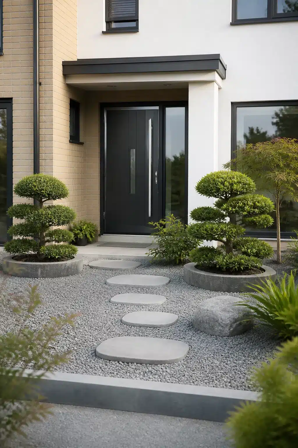 Japanese-inspired new build front garden with cloud-pruned shrubs, oval stepping stones, and fine gray gravel landscaped entrance.