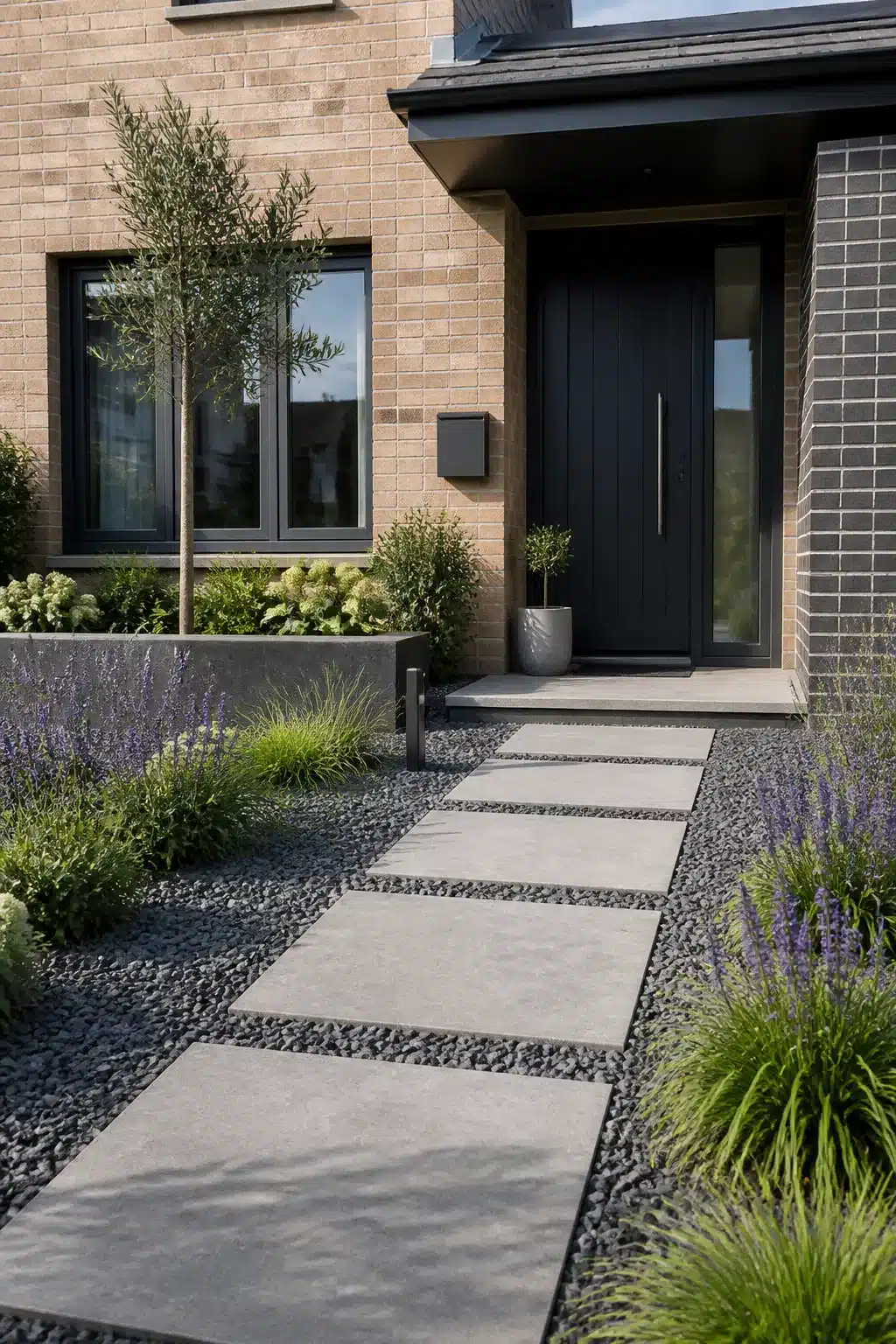 New build front garden with large porcelain pavers, black pebble gravel, salvia and ornamental grass landscaping