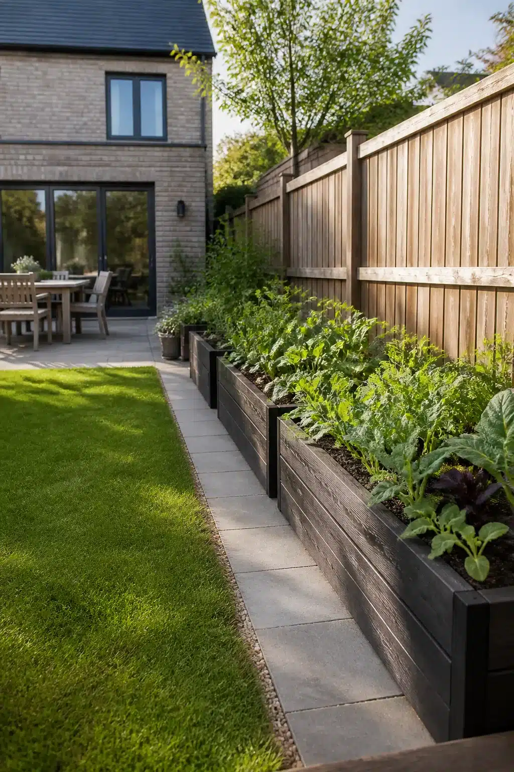 Dark timber raised vegetable beds along fence line in a modern new build garden — new build garden ideas