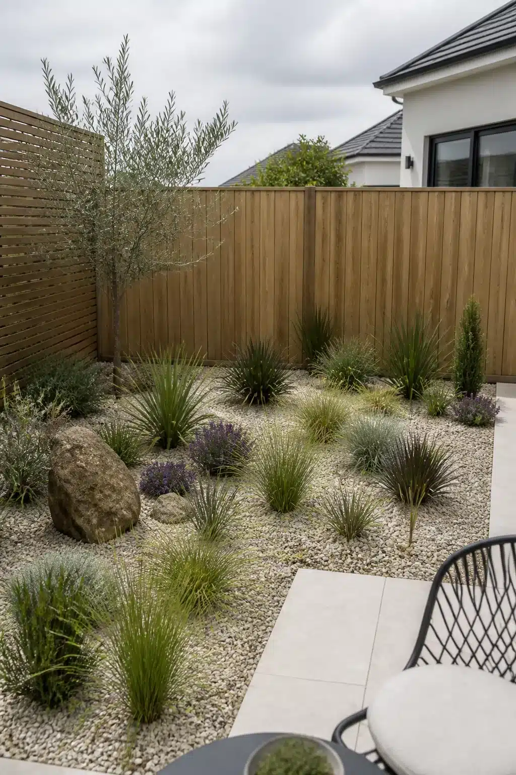 Low-maintenance gravel garden with ornamental grasses and boulders — new build garden ideas for modern homes