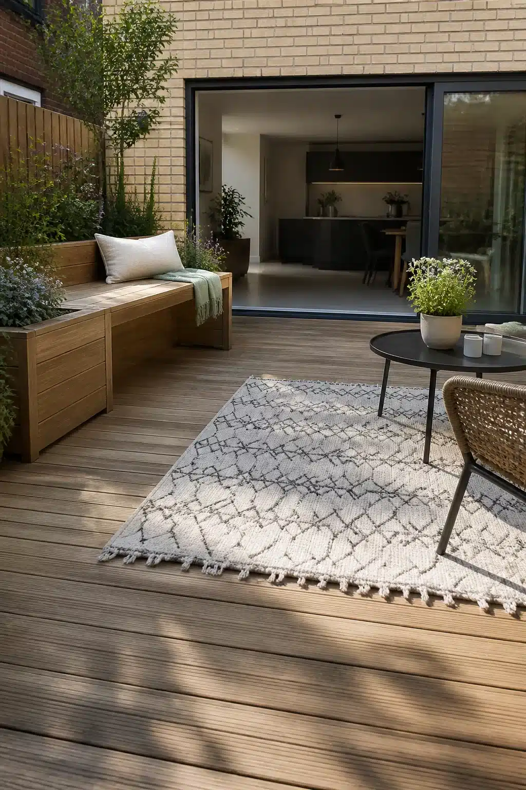 New build garden idea with hardwood timber deck, built-in bench seating, and Berber outdoor rug in modern backyard