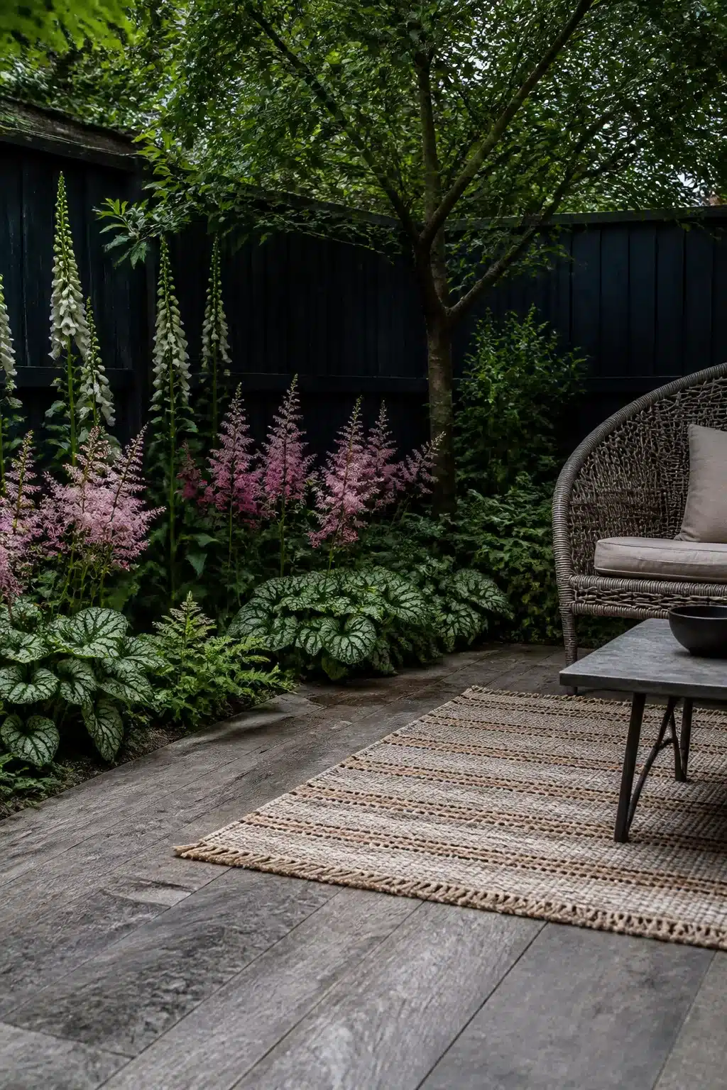 North facing garden ideas with black painted fence, pink astilbe border, and concrete paving — shade garden design