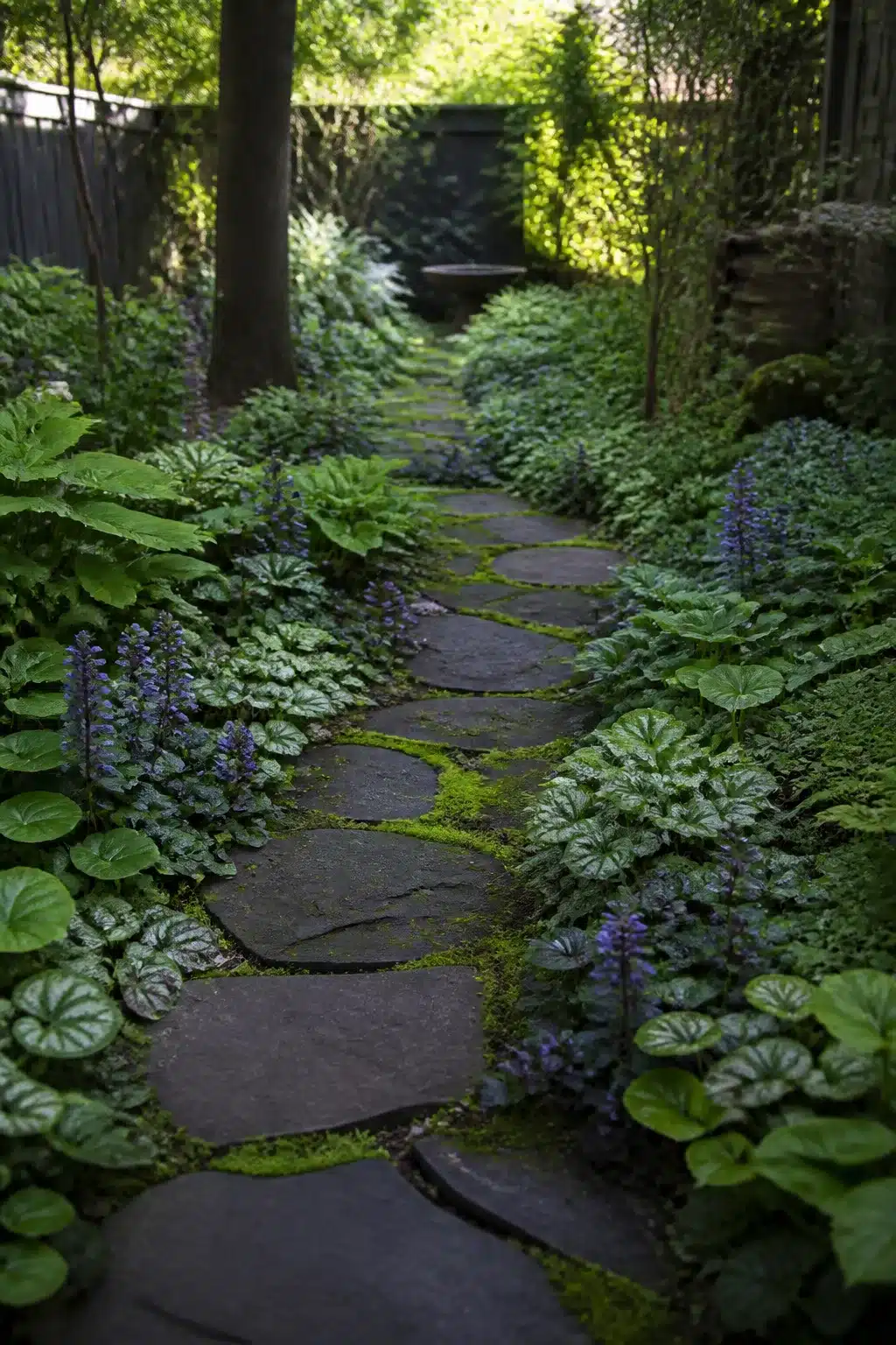 Mossy flagstone path with ajuga ground cover in a shaded north facing garden — north facing garden ideas