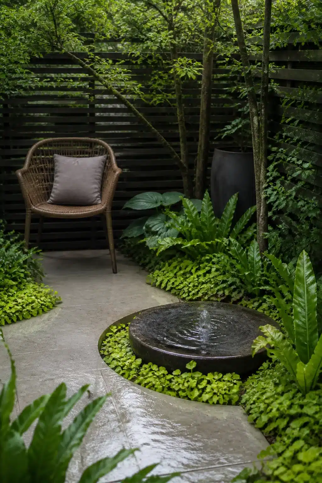 North facing garden idea with bubble fountain, curved concrete paving, ferns and shade-loving ground cover plants