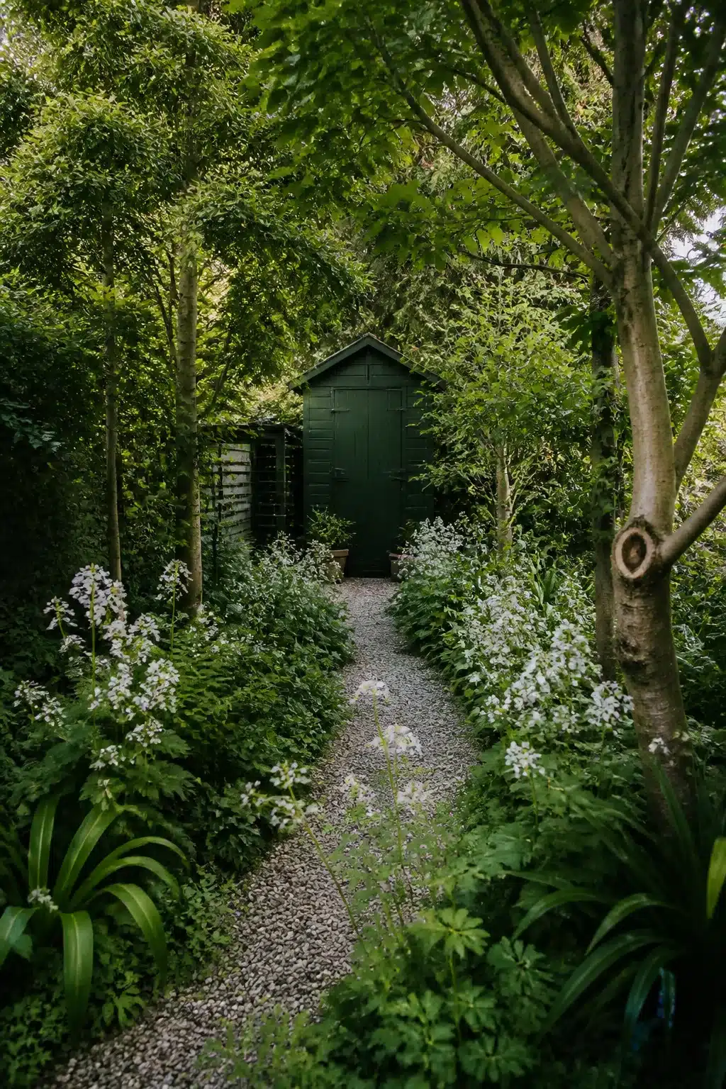 Dark green painted shed at end of gravel path in a shady north facing garden design with white flowering plants