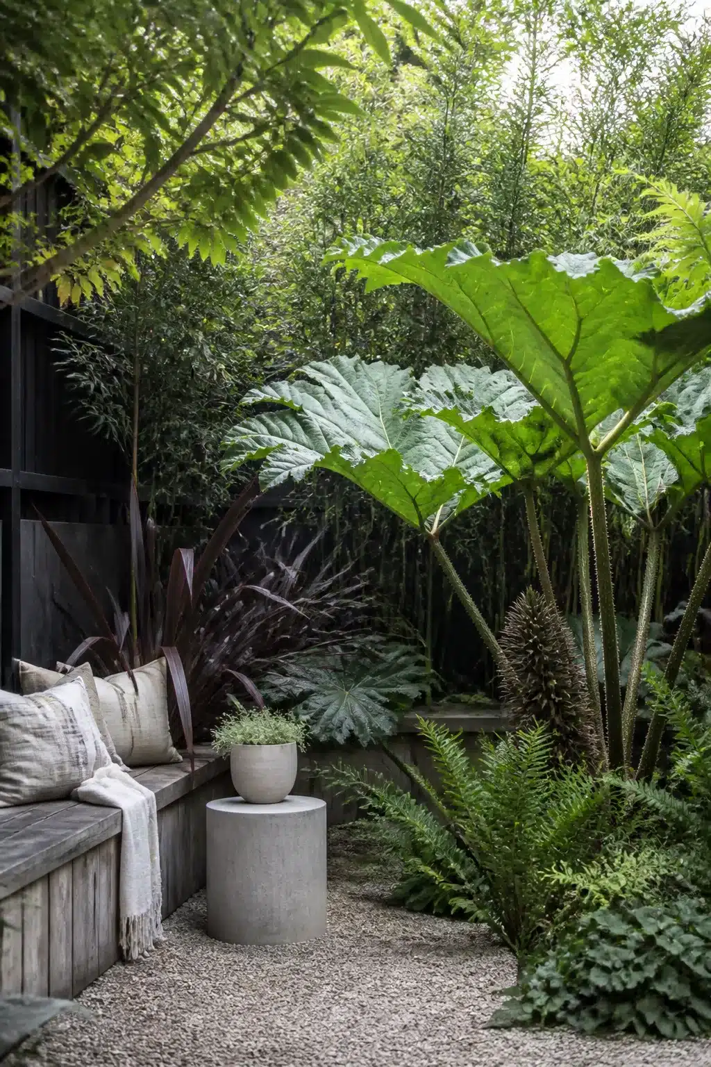 Giant Gunnera leaves and fern planting in a shaded north facing garden with gravel and timber bench seating