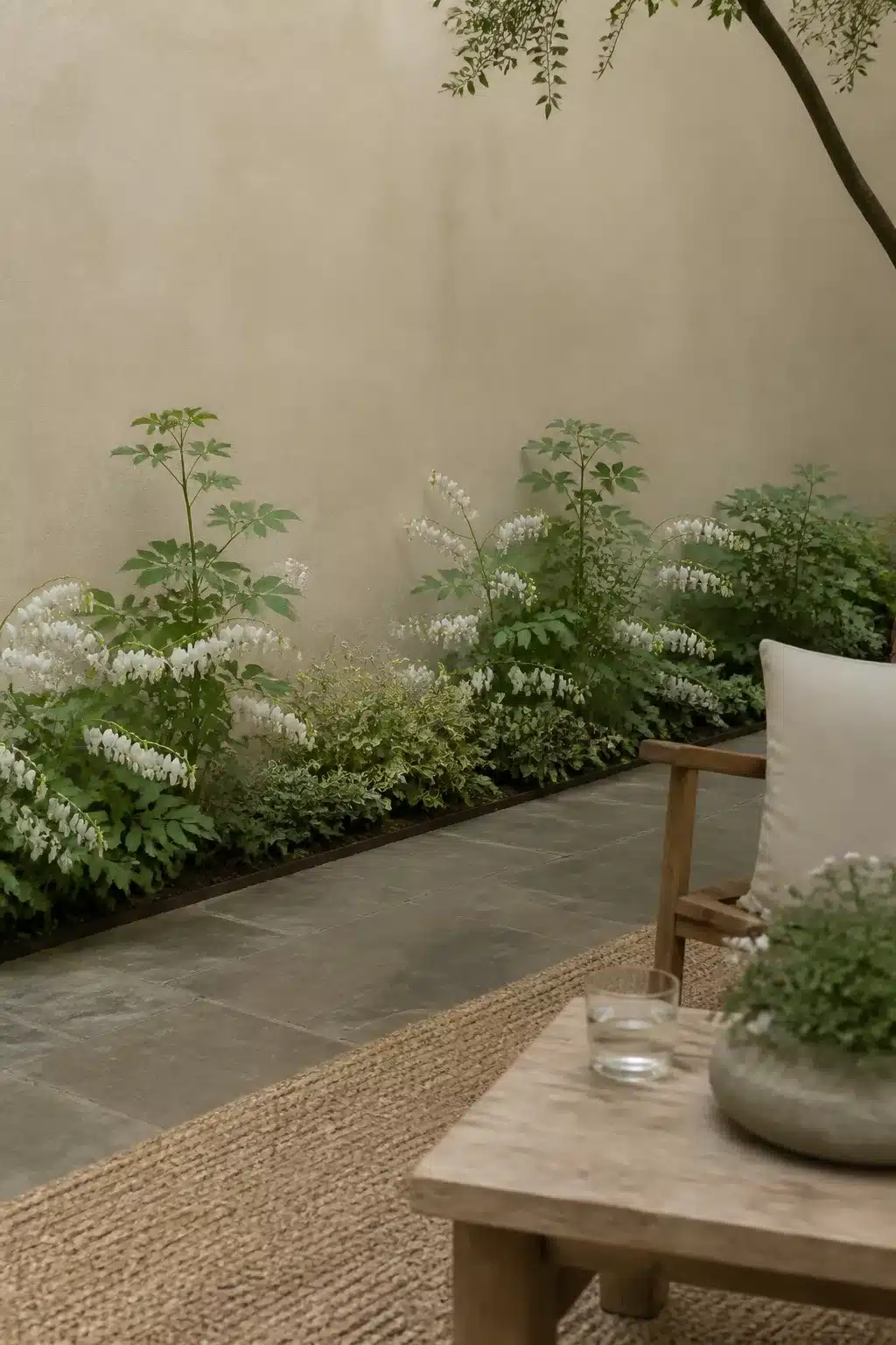 North facing garden idea with pale render wall, white bleeding heart border, and slate paving — shade garden design.