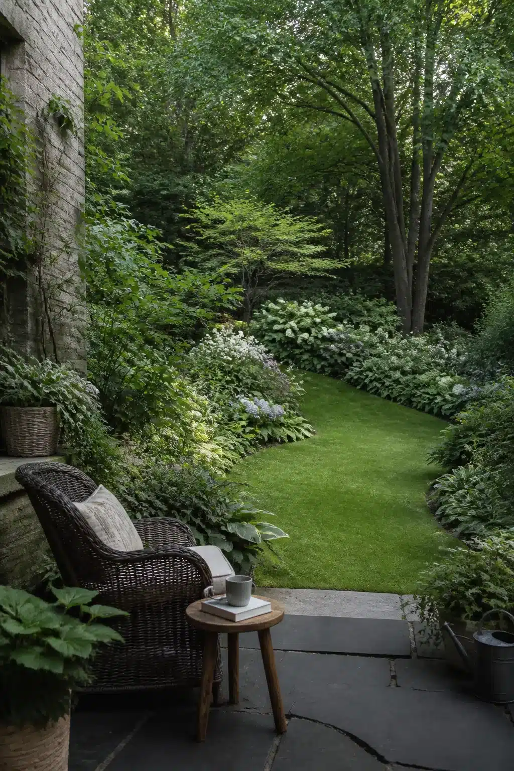 North facing garden ideas with curved lawn, shade border planting, flagstone patio and dark wicker seating.