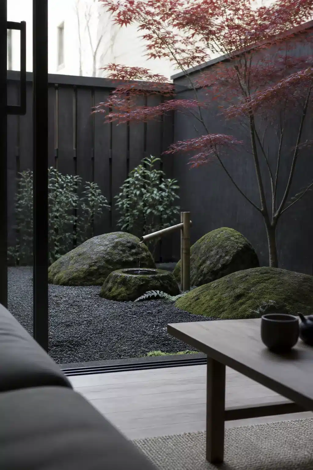 Japanese-inspired north facing garden ideas with moss boulders, black gravel, bamboo water feature and red Japanese maple