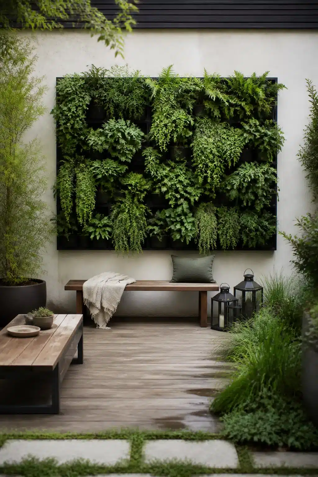 Living wall panel with ferns on a shaded render wall — north facing garden ideas with vertical planting and wood deck