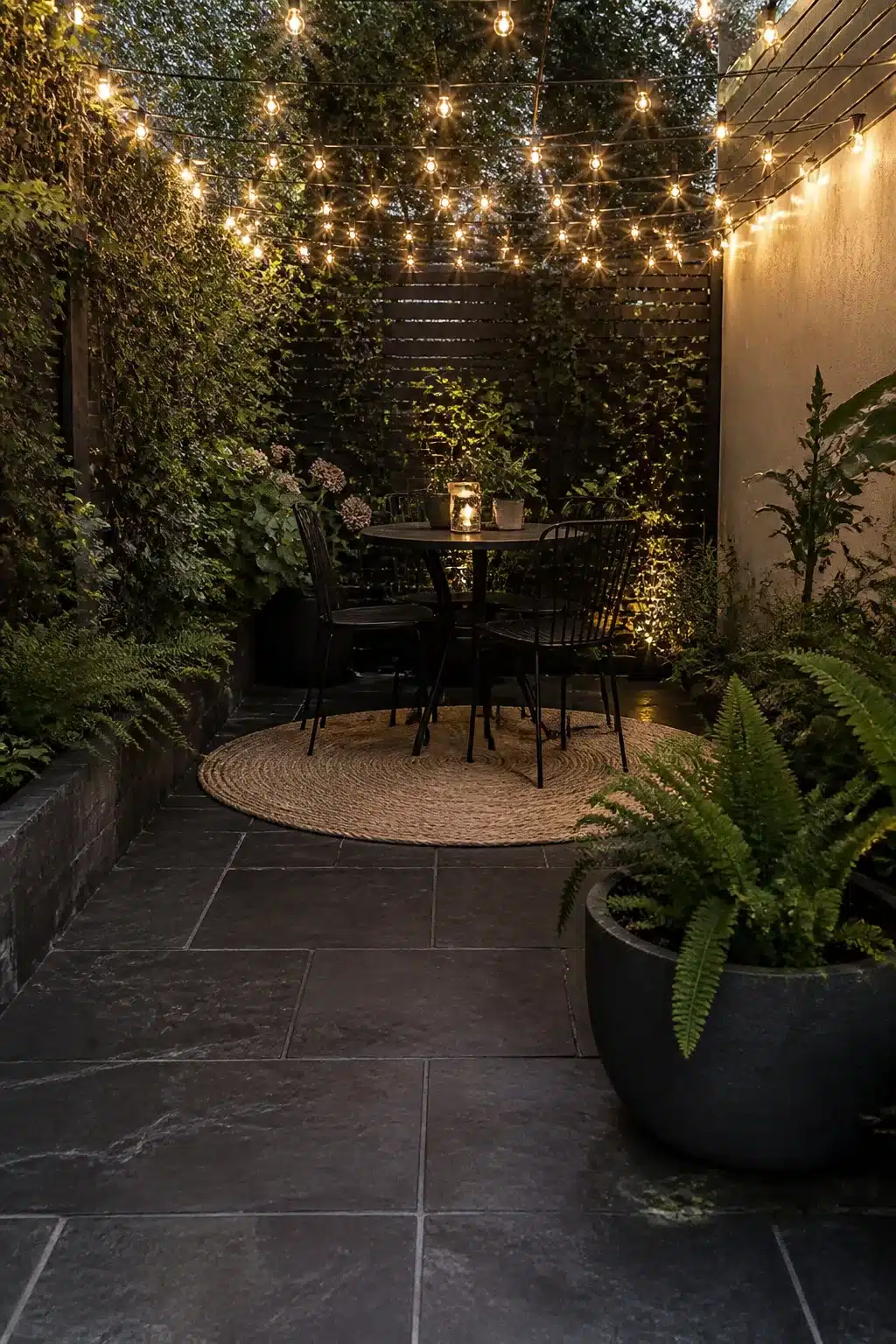 North facing garden ideas: string light canopy over dark slate patio with bistro table and lush shade planting at night