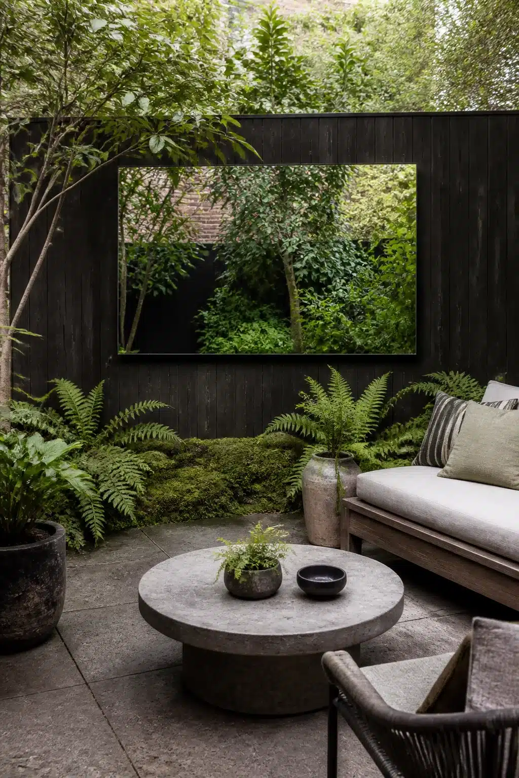 North facing garden idea with dark timber fence, wall mirror, ferns and concrete coffee table in a shaded courtyard