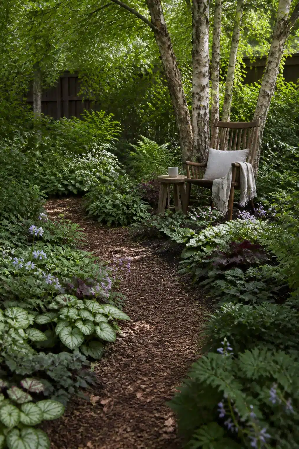 Bark mulch path through a shaded woodland north facing garden with birch trees and shade perennials.