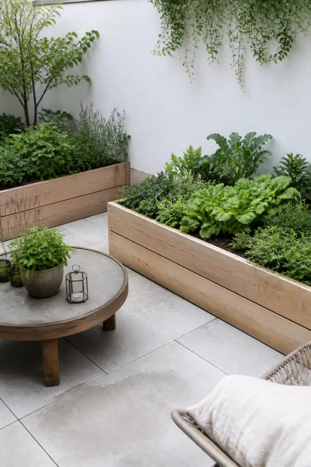 Light timber raised herb beds in a north facing garden courtyard with gray porcelain paving and shade-tolerant planting.