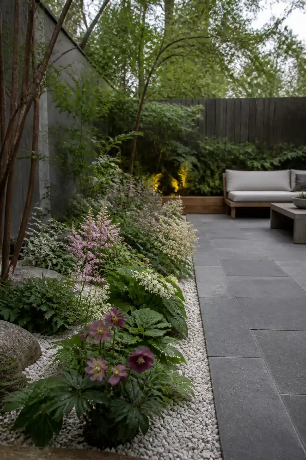 North facing garden with pale gravel mulch, hellebores, astilbes, and dark slate paving in a shaded border.