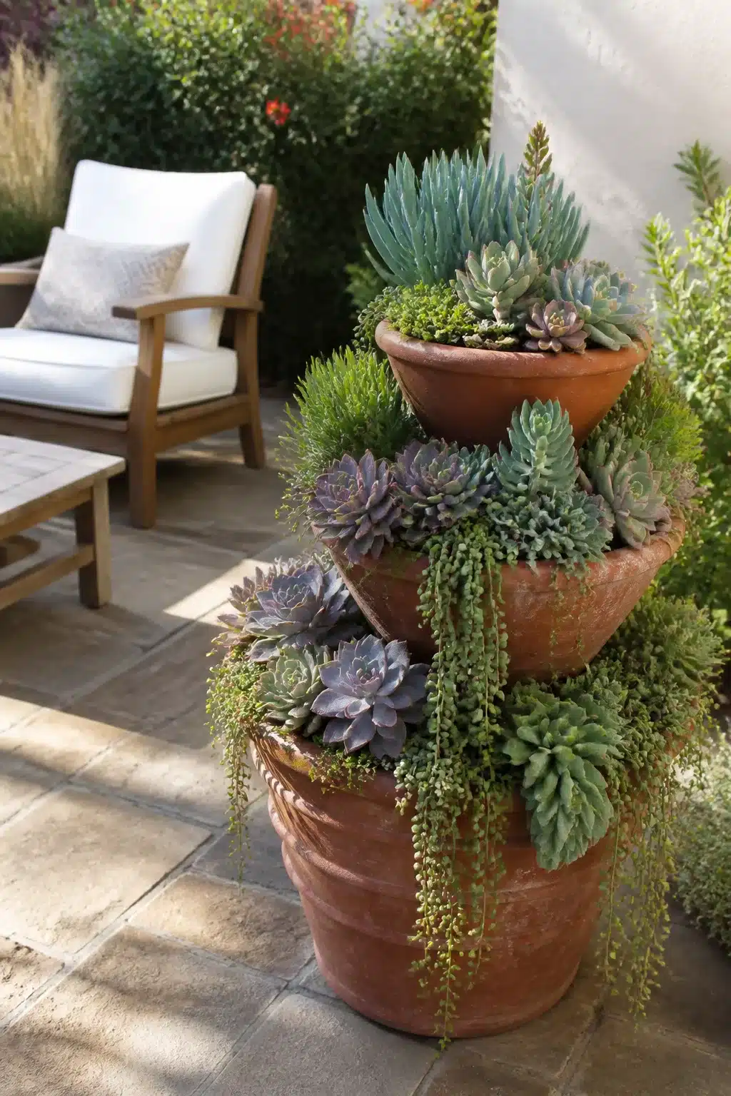 Stacked terracotta tower of outdoor succulent garden pots with trailing strings of pearls on a stone patio