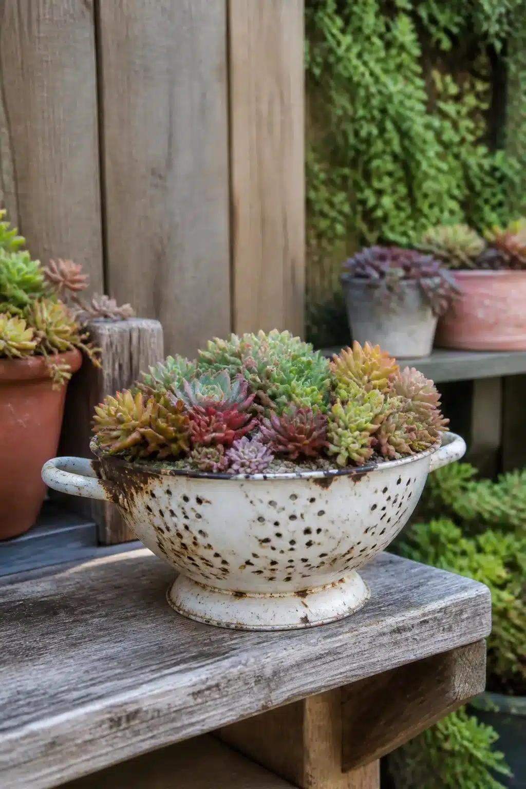 Rusty vintage enamel colander filled with colorful hens-and-chicks succulents — outdoor succulent garden pot idea.