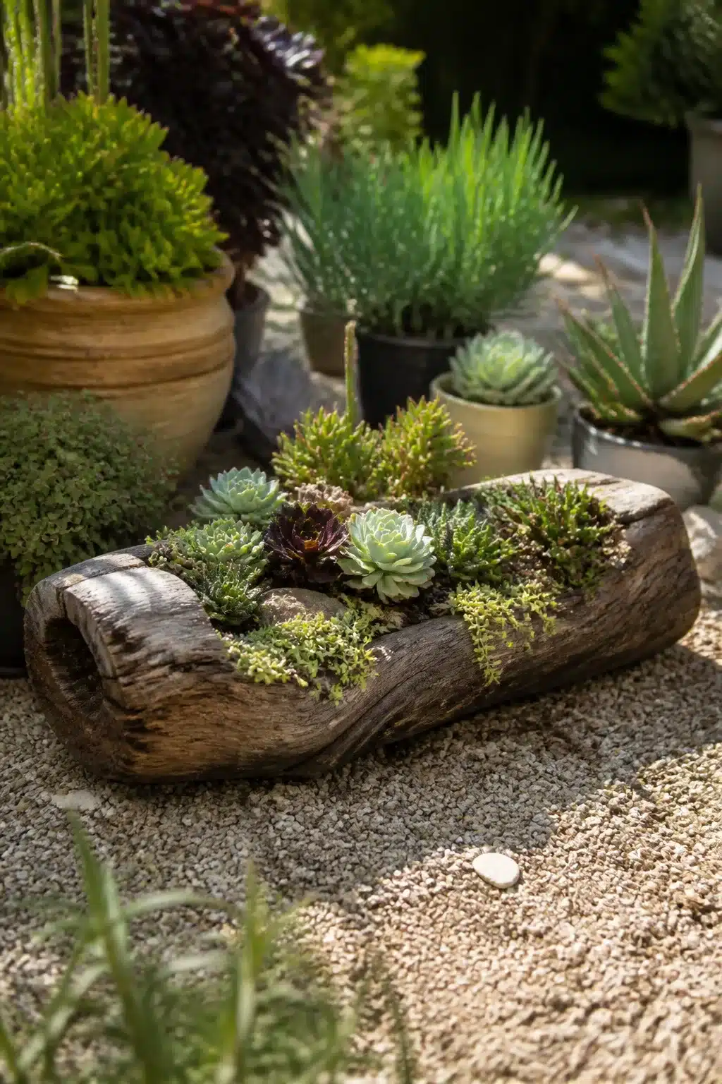 Hollow driftwood log used as an outdoor succulent garden pot filled with mixed rosette succulents on gravel.