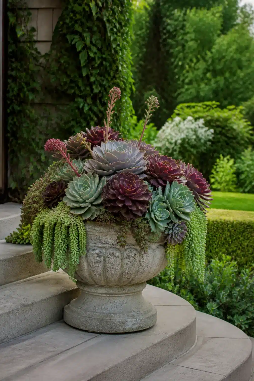 Outdoor succulent garden pot — carved stone urn with purple and blue-gray rosettes trailing over garden steps.