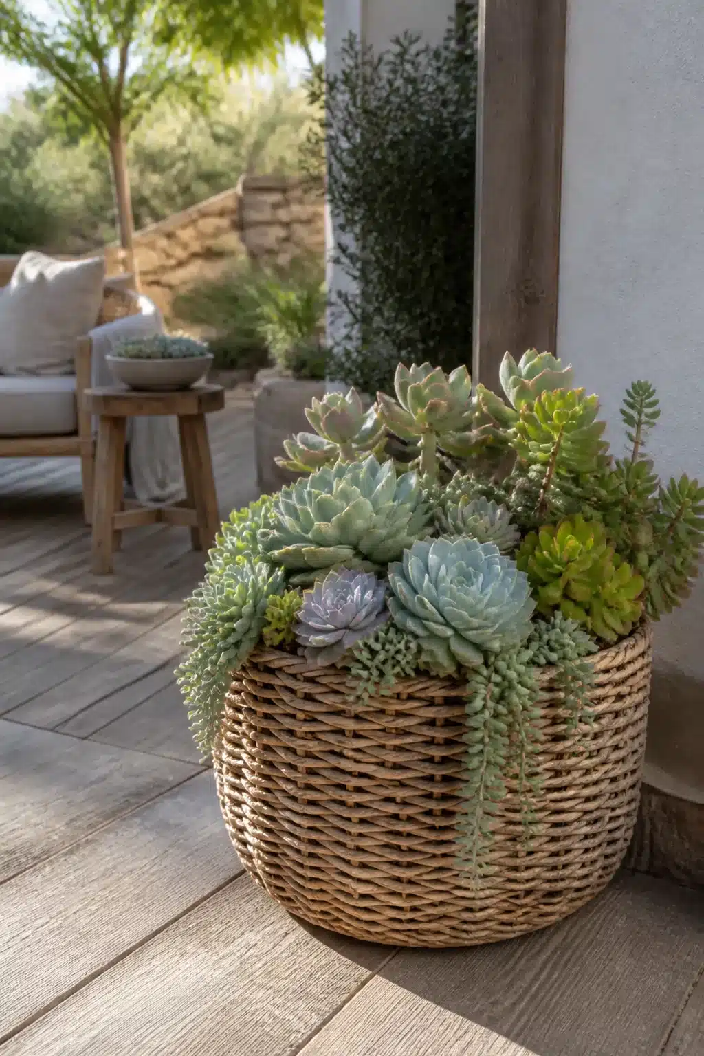 Outdoor succulent garden pot in a large wicker basket with trailing and rosette succulents on a wood deck
