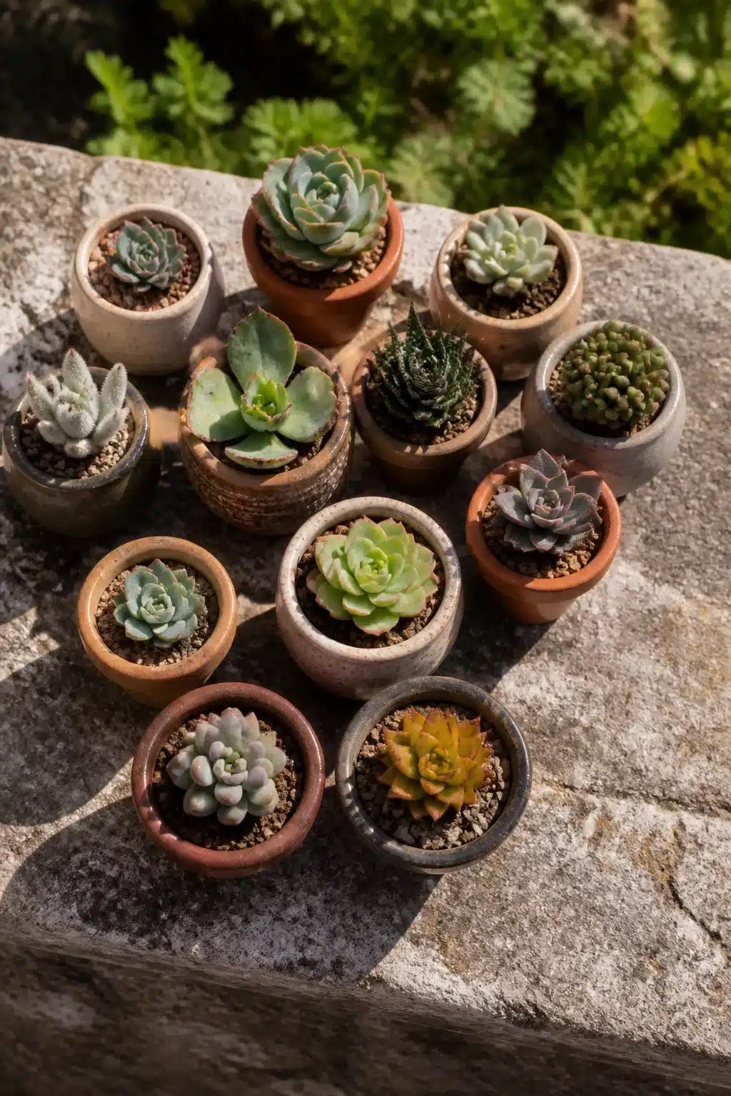 Cluster of mixed mini outdoor succulent garden pots arranged on a stone ledge in natural sunlight.