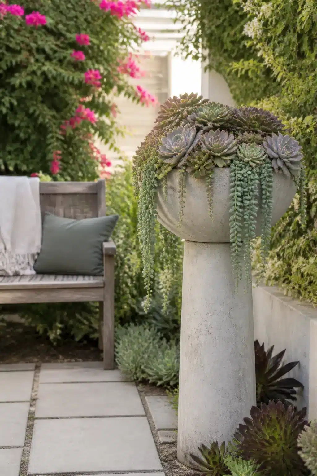 Outdoor succulent garden pots — concrete pedestal planter with cascading donkey tail and echeveria rosettes on patio.