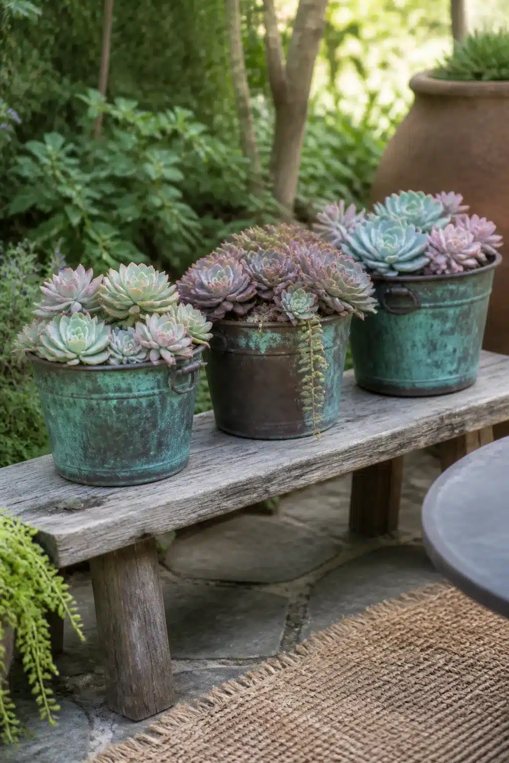 Verdigris copper bucket outdoor succulent garden pots with echeveria rosettes on a rustic wood bench