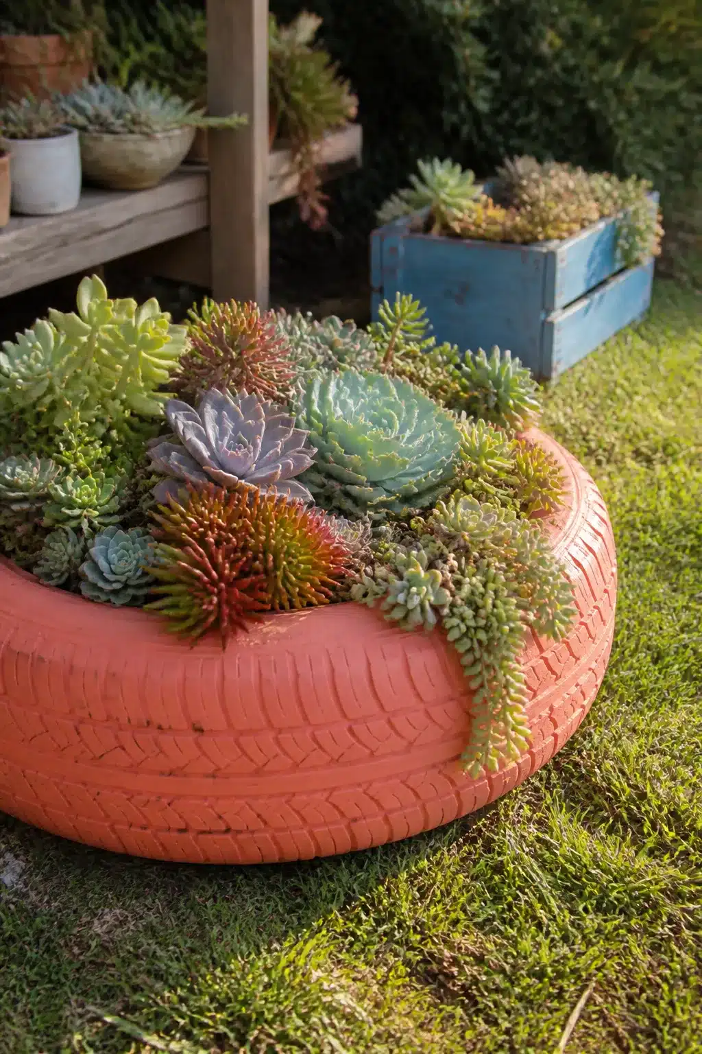 Coral-painted recycled tire outdoor succulent garden pot overflowing with colorful rosette succulents on green lawn.