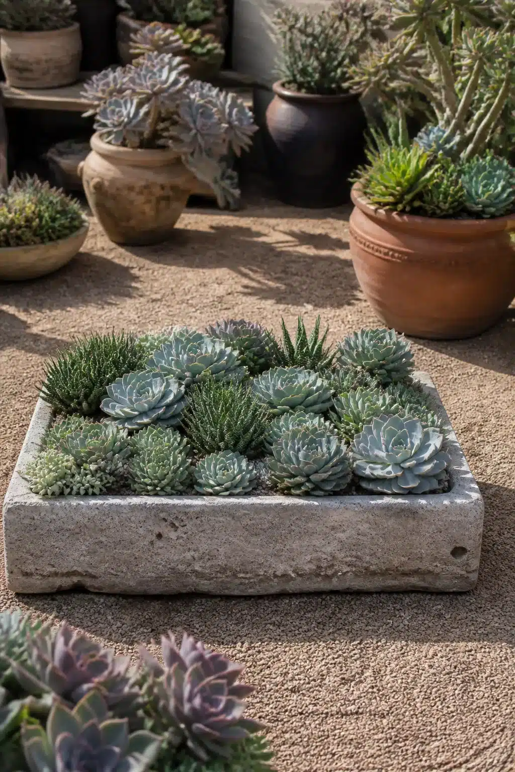 Outdoor succulent garden pots in a stone trough with blue-gray echeveria on a gravel patio