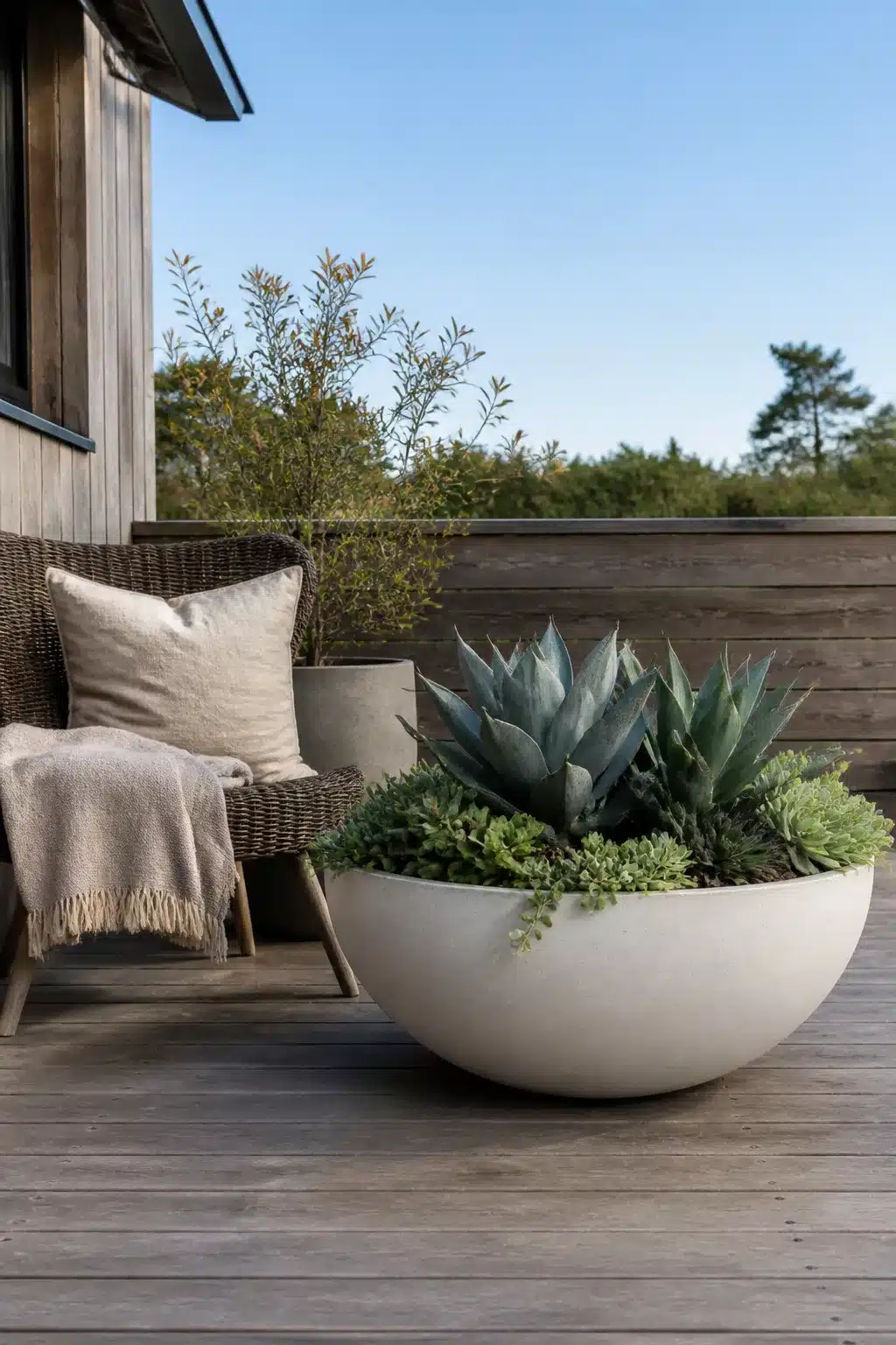 Large white fiberglass bowl outdoor succulent garden pot with agave on a weathered wood deck