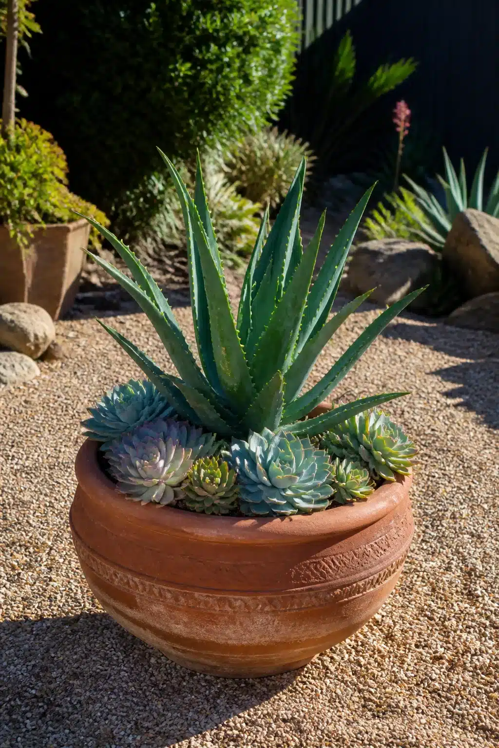 Carved terracotta outdoor succulent garden pot with aloe and echeveria rosettes on a gravel garden bed.
