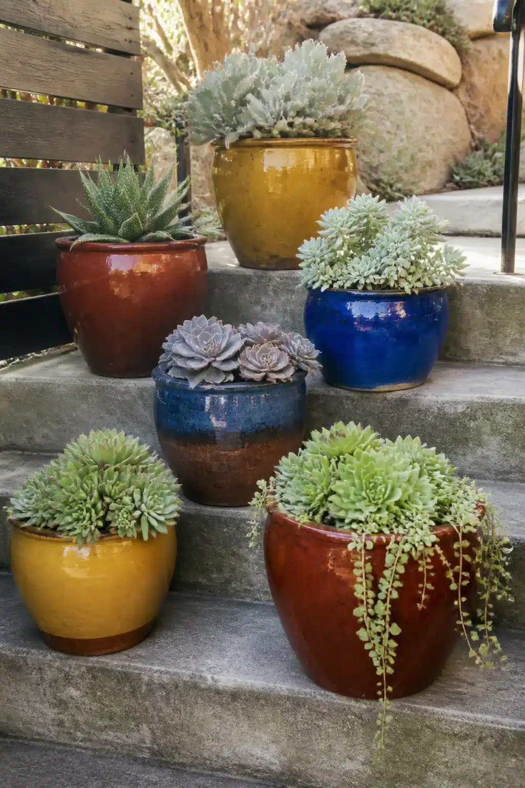 Colorful glazed ceramic outdoor succulent garden pots in blue, red, and amber arranged on concrete garden steps.