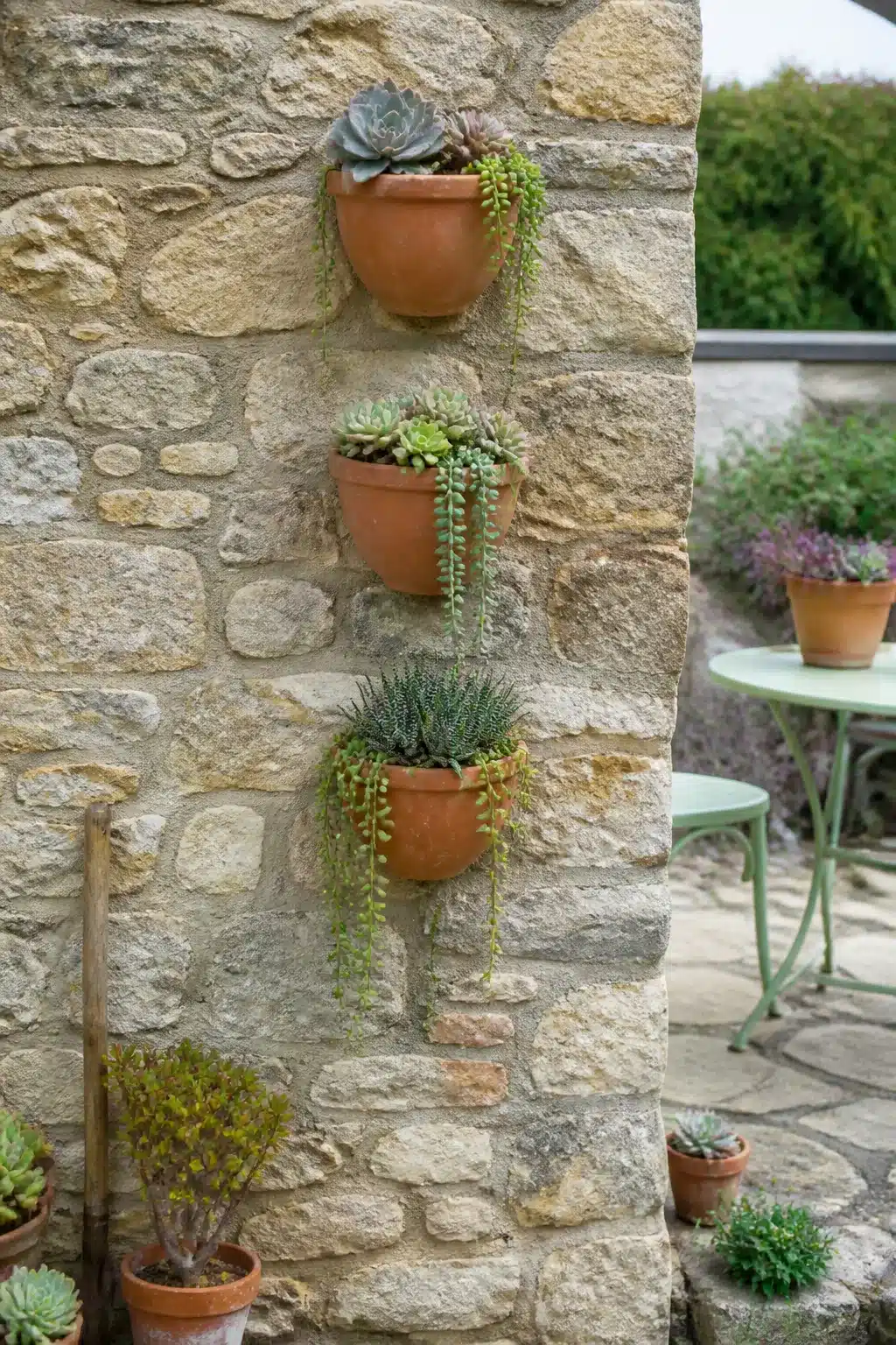 Terracotta wall-mounted outdoor succulent garden pots on a rustic stone column with trailing string of pearls.