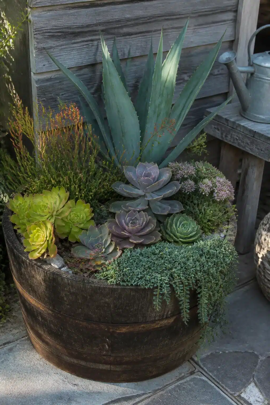 Oak half-barrel outdoor succulent garden pot with agave, echeveria rosettes, and trailing ground cover on stone patio.