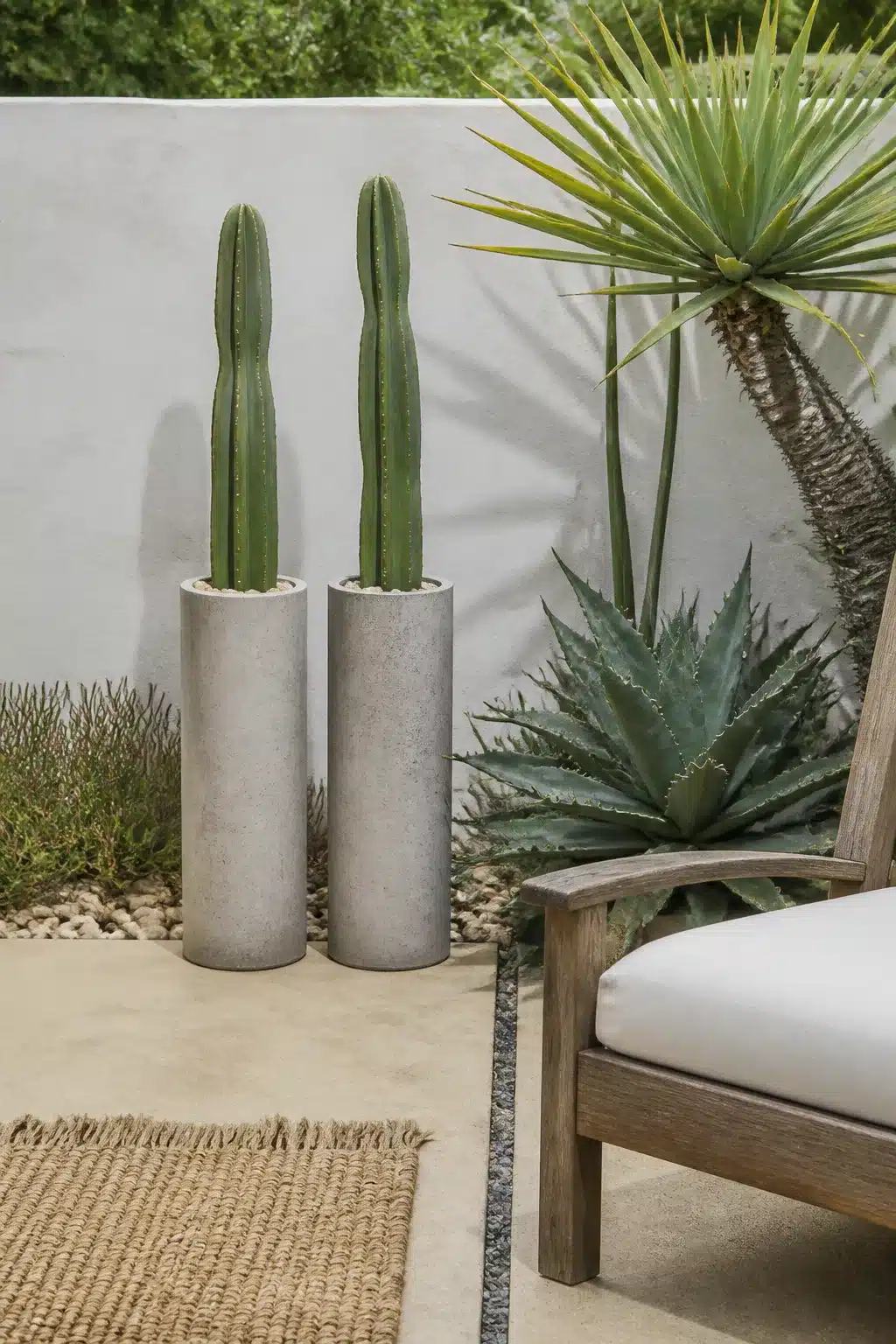 Tall gray concrete cylinder outdoor succulent garden pots with columnar cactus against white stucco wall