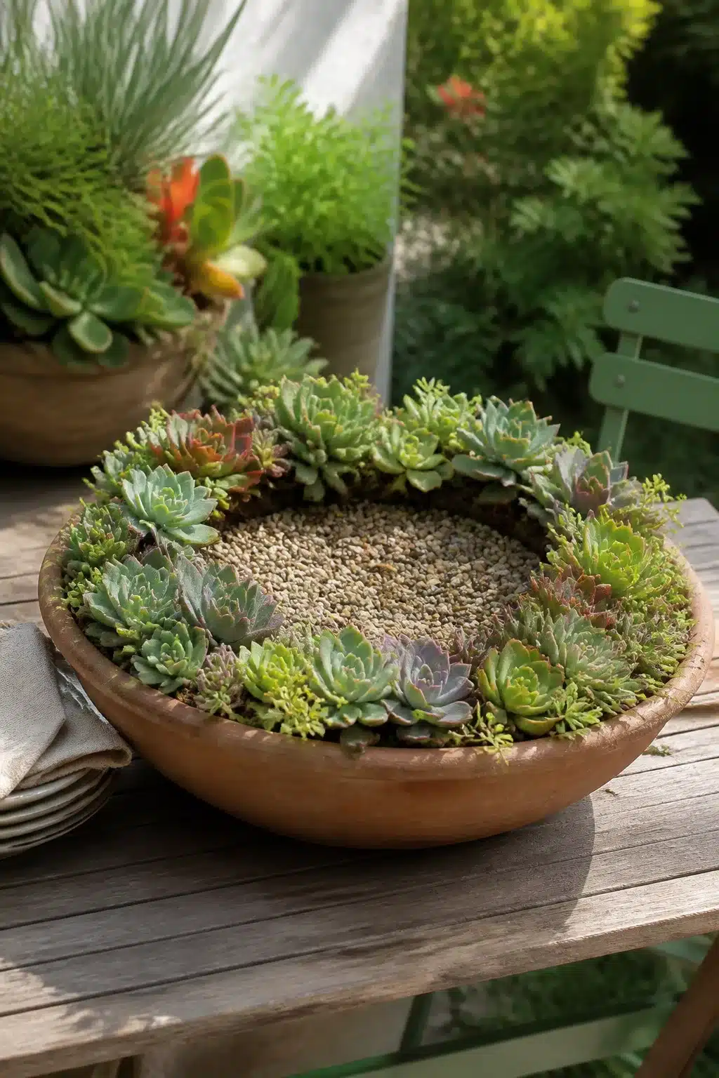 Terra cotta bowl with succulent ring border and gravel center — outdoor succulent garden pot idea for patios