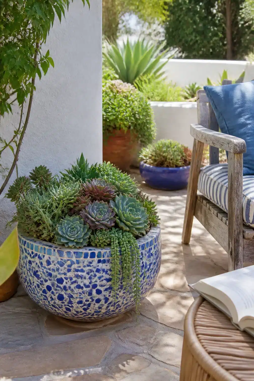 Blue mosaic tile ceramic planter with mixed outdoor succulent garden pots on a stone patio