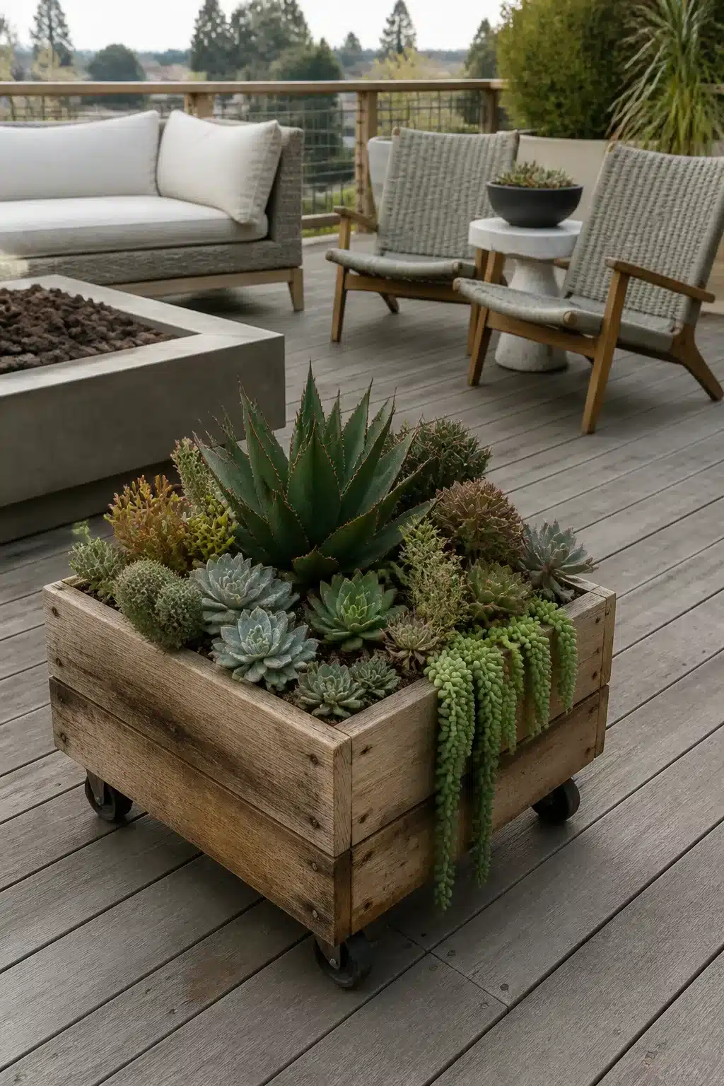Rolling wooden crate outdoor succulent garden pot with agave, echeveria, and trailing succulents on a deck.