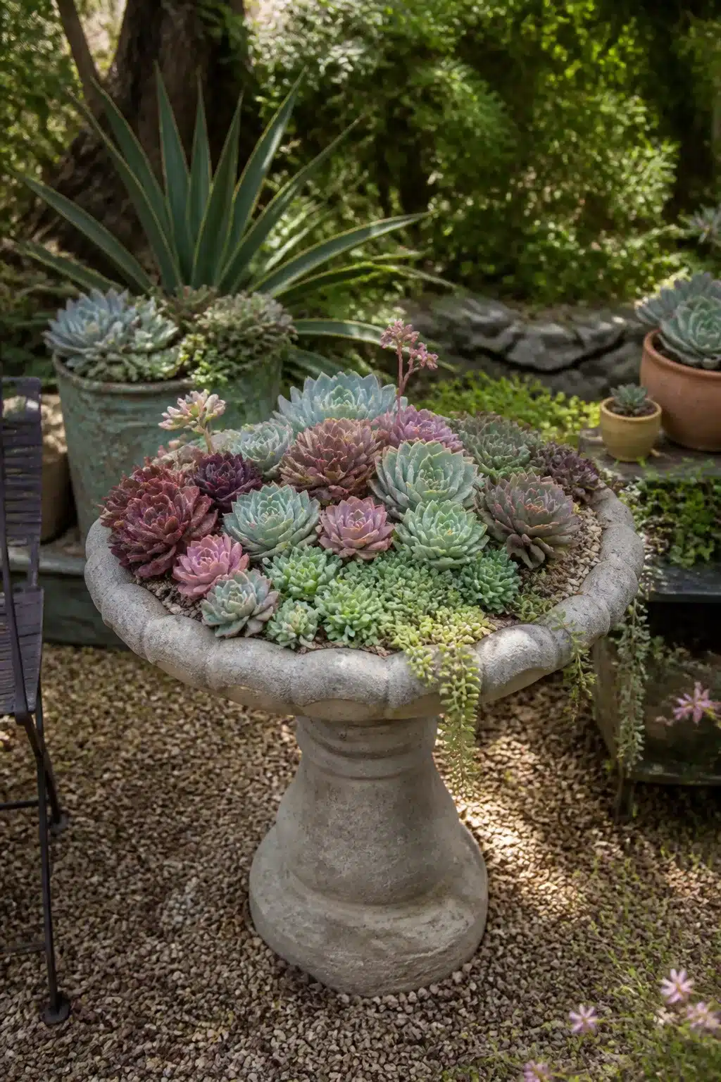 Concrete birdbath repurposed as outdoor succulent garden pot with colorful rosette hens-and-chicks and trailing sedum.