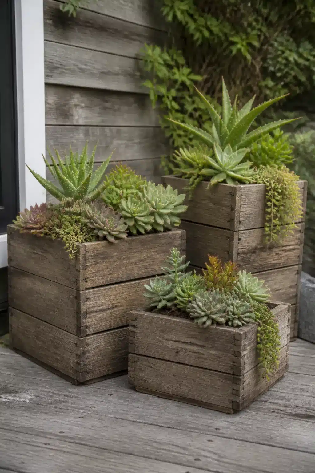 Outdoor succulent garden pots in weathered wooden crates grouped by size on a gray timber deck.