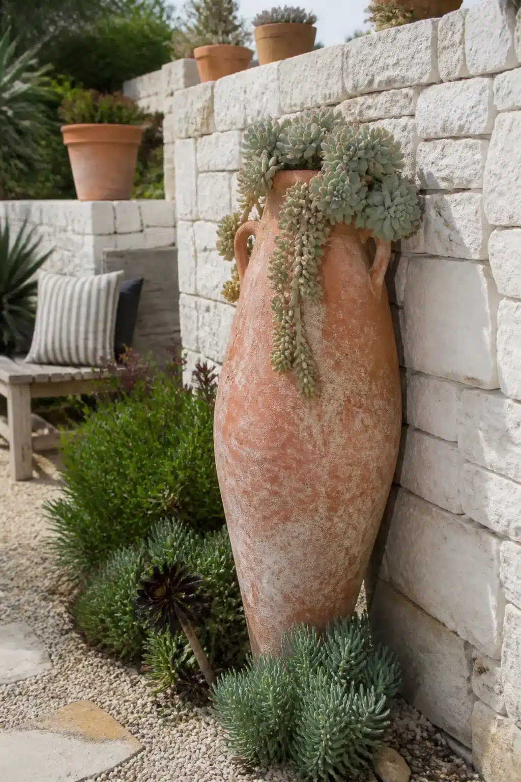 Tall weathered amphora outdoor succulent garden pot with trailing burro's tail against a stone garden wall