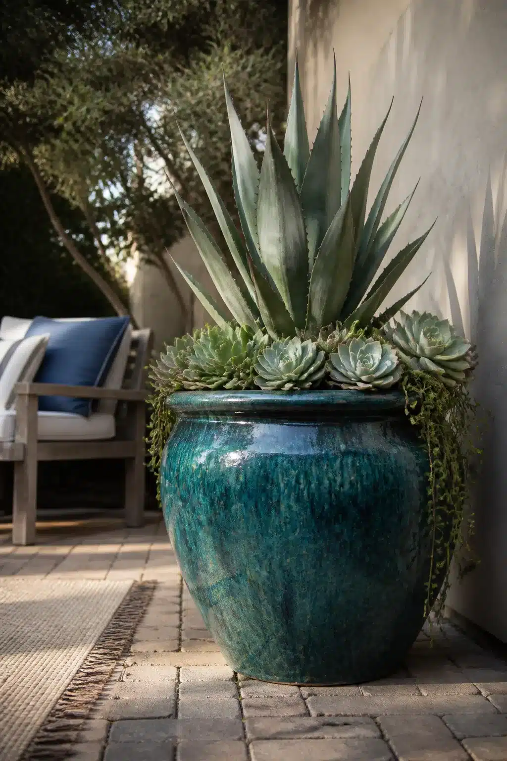 Oversized teal glazed ceramic urn with agave and succulents on a brick patio — outdoor succulent garden pot idea