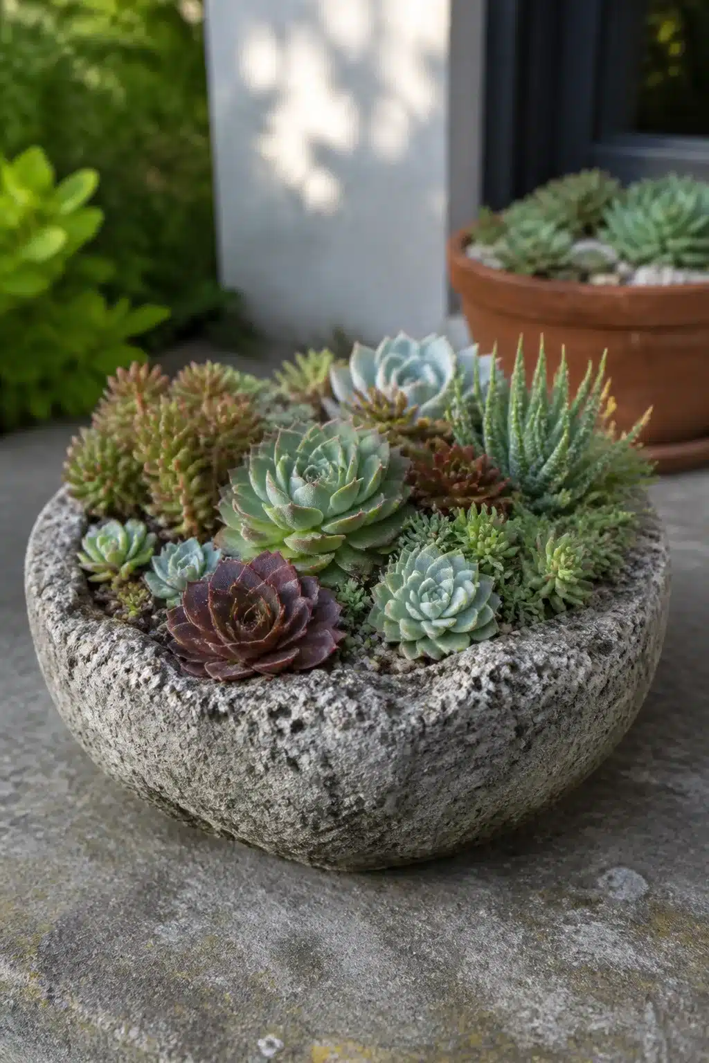Hypertufa bowl outdoor succulent garden pot filled with mixed rosette and spiky succulents on a stone patio