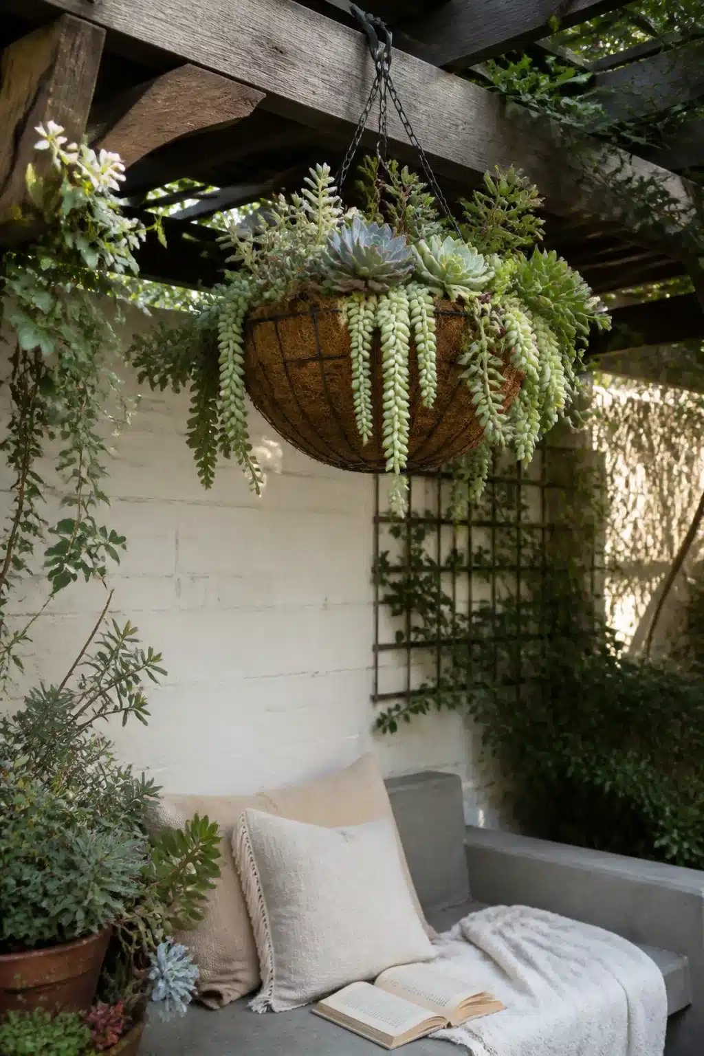 Coco liner hanging basket with trailing succulent outdoor garden pots under a wood pergola with whitewashed brick wall