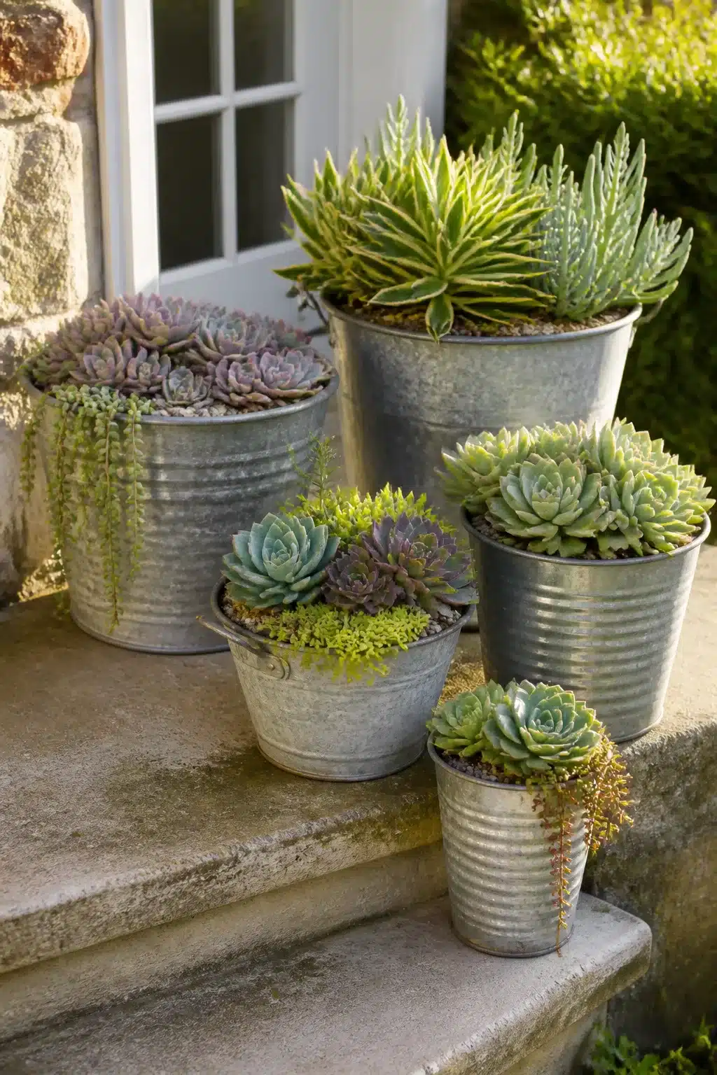 Outdoor succulent garden pots in galvanized metal buckets grouped on stone steps with mixed succulent varieties