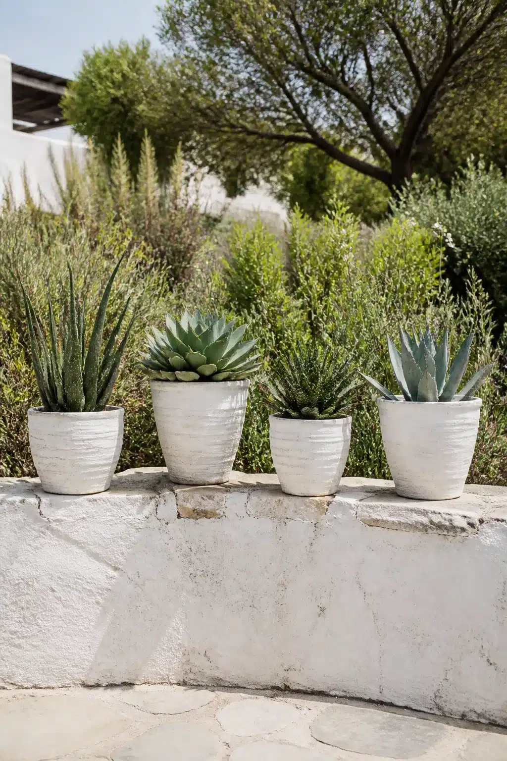 Four chalk white ribbed terracotta outdoor succulent garden pots lined up on a whitewashed stone garden wall.