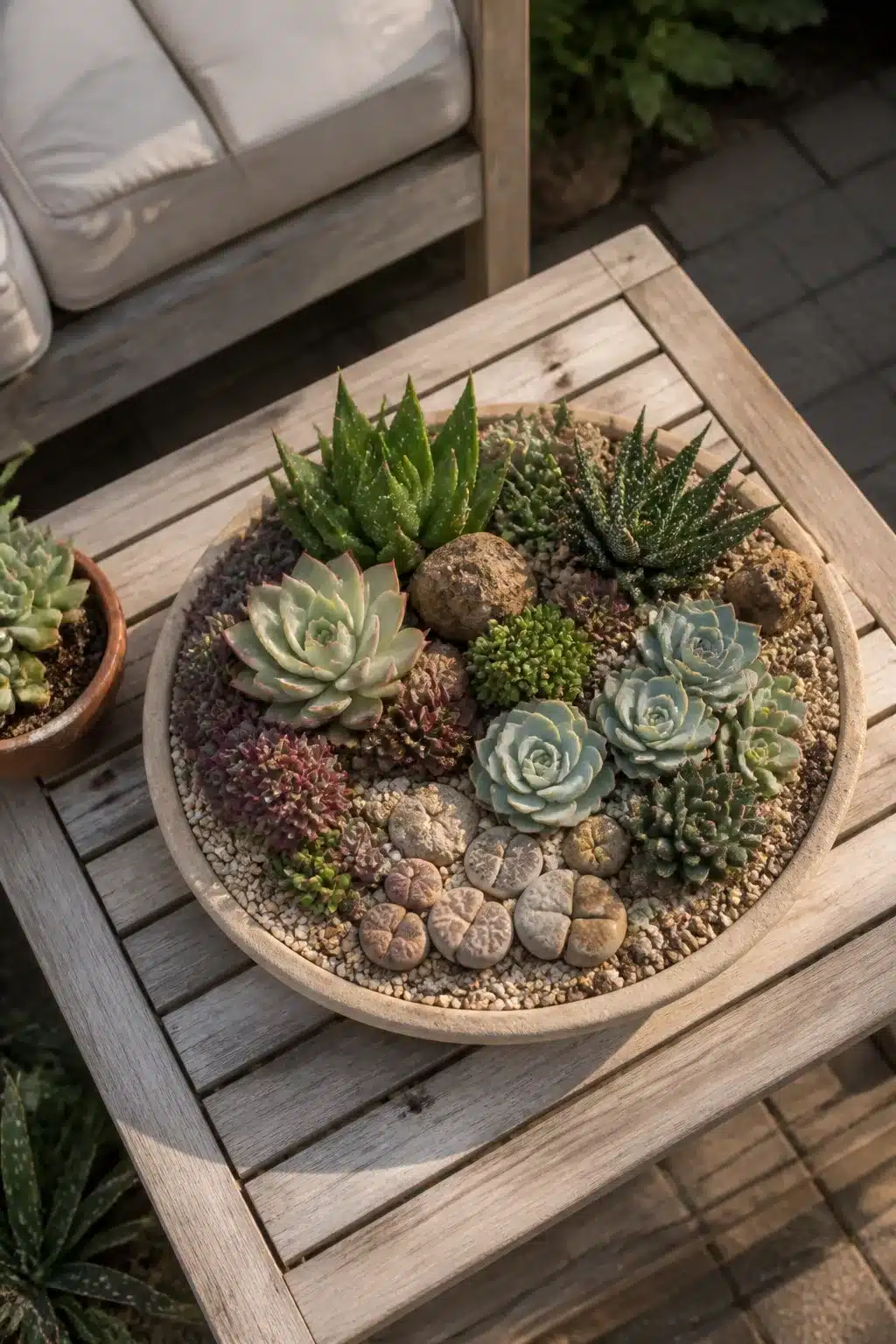 Outdoor succulent garden pot — wide shallow dish with lithops, echeveria and haworthia on a wood patio table