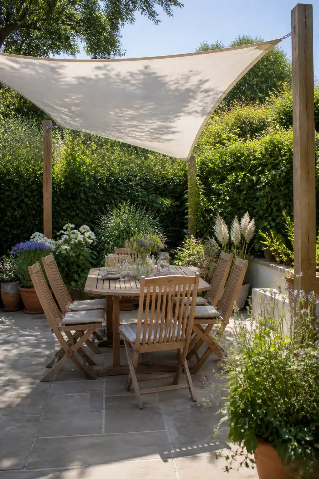 Cream triangular sail shade over teak dining table on stone paver patio — patio shade ideas for outdoor dining spaces
