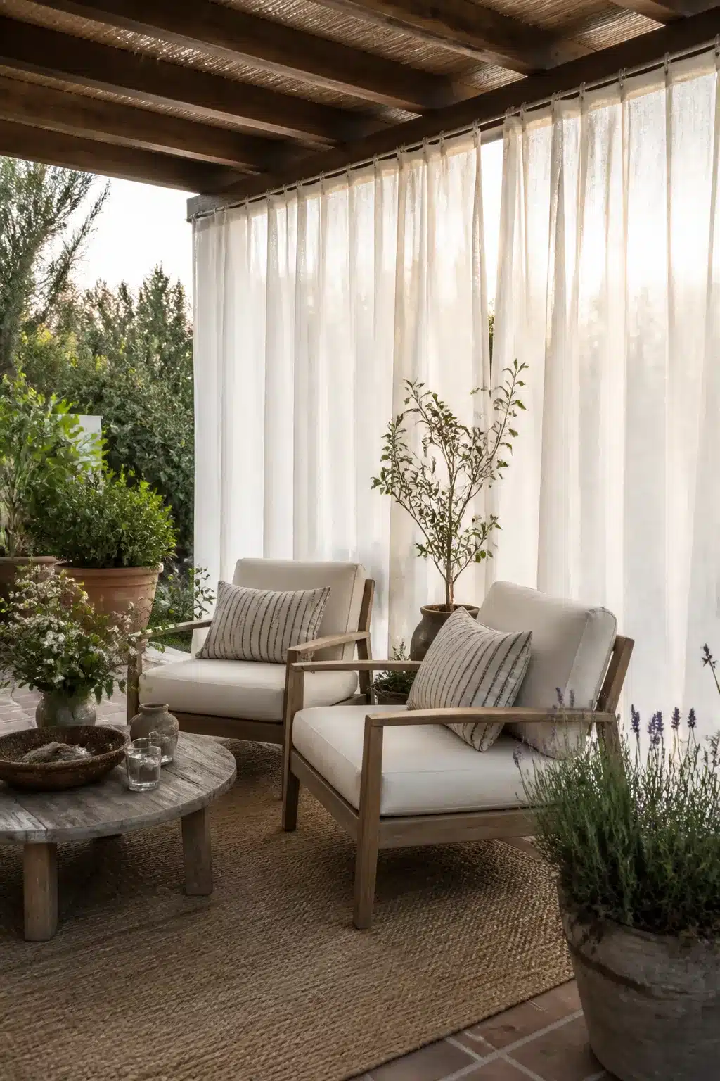 Sheer white outdoor curtain panels on a covered patio with teak chairs and lavender — patio shade ideas